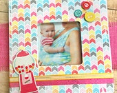 Gumball Machine Buttons, Bright Chevrons 8 quot x 8 quot Decoupaged Wood Frame for 3.5 quot x 3.5 quot Photo, Baby, Girl, Bubble Gum, Children 39 s Room, Fun