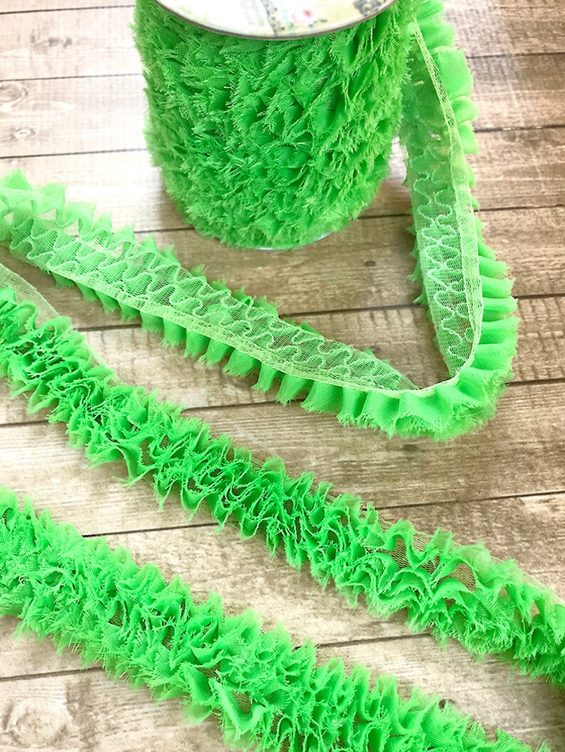 Neon Green Ruffles Ribbon, Halloween, Spring, Summer, Christmas, Decor, Craft Supply, Scrapbook, St Paddy's Day, Favorite Color 1.5 width image 1