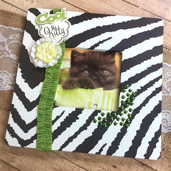 Cool Kitty 8" x 8" Decoupage Wood Frame, Cat, Kitten, Love, Birthday, Pet, Zebra Stripe, Cat Day, Oct 29, Cat Person - 3.5" x 3.5" Photo