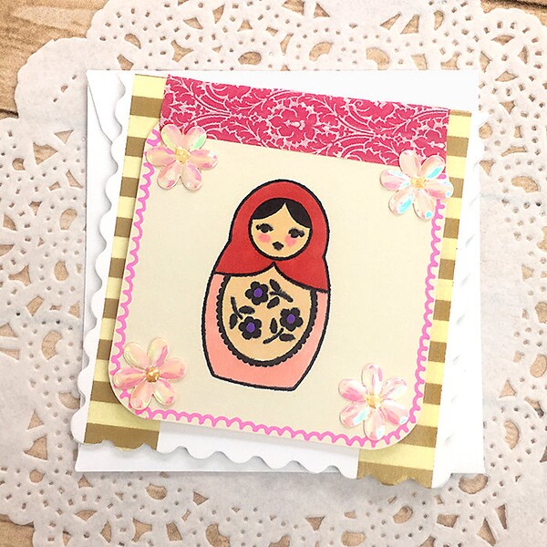 Nesting Dolls Mini Card, Gift Tag, Trio, Flip Card, Matryoshka, Russian, Folk Art, Flowers, Stripes, Family, Sweet, Tradition, Cute - 3" sq