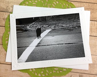 Black Cat on the Cross Walk Fine Art Photography Card, Black & White, Kitten, Birthday, Thinking of You, Just Because, Beetles - 7" x 5"