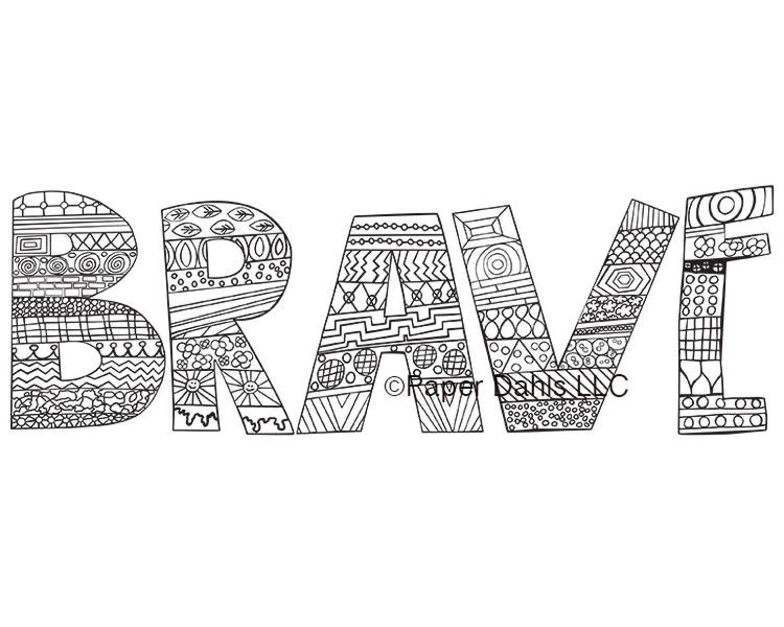 Coloring Page for Adults Brave, Handdrawn Coloring Page, Word, Pattern
