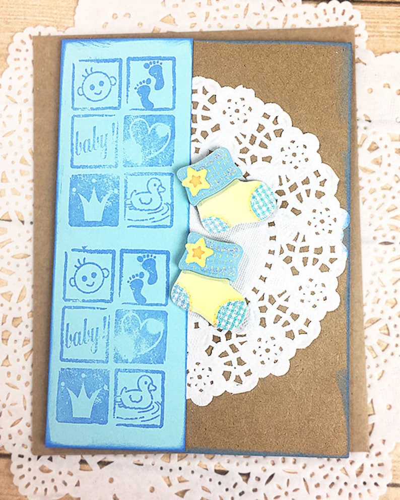 Blue Happy Little Baby Boy Booties Congratulations Card Welcome Baby Duck Stars Son Foot Prints New Arrival Cartoons 4 x 5.5