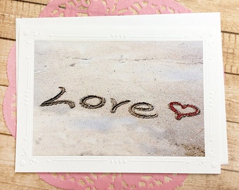 Glitter Accent Love in the Sand Fine Art Photography Note Card, Wedding, Valentine, Anniversary, Newport Beach, Heart, Beach - 7"x 5"