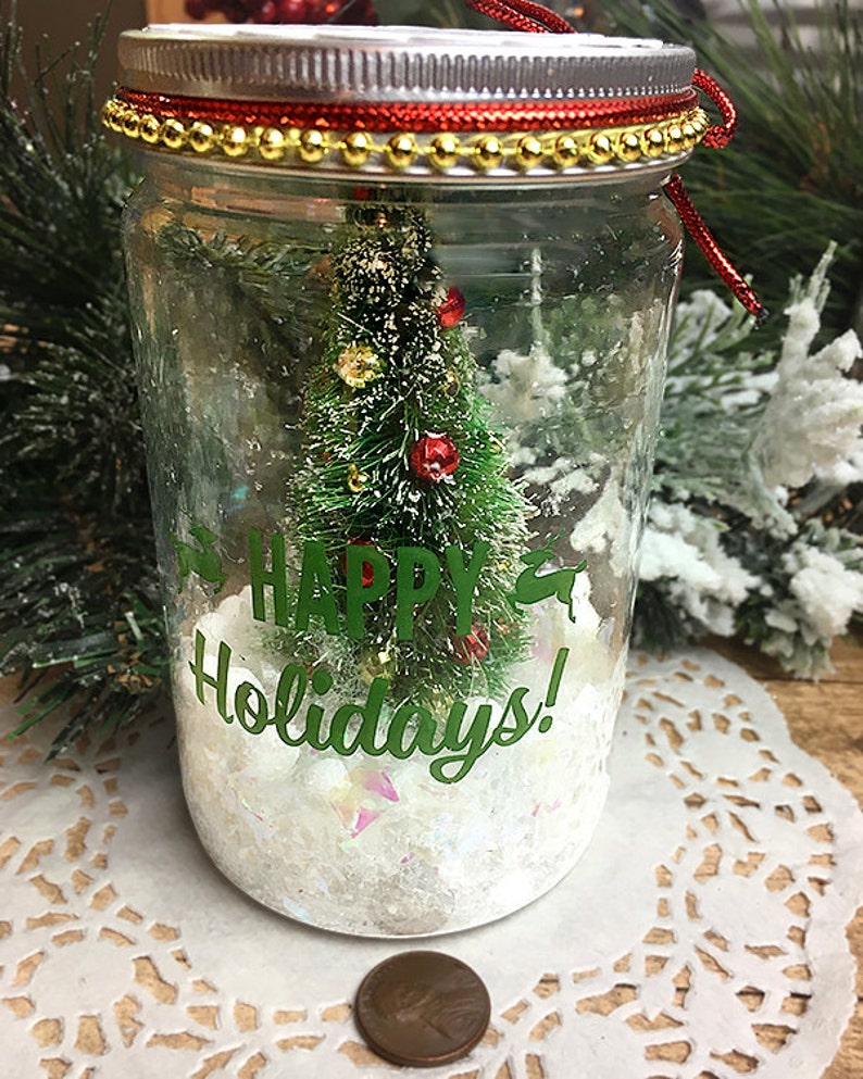 Happy Holidays Jar Decor Decorated Christmas Tree Snow Etsy