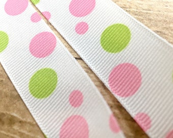 Pink & Green Circles on White Grosgrain Ribbon, Sew, Scrapbook, Card-Making, Trim, Decor, Craft Project, Ice Cream, Baby Shower - .875" Wide