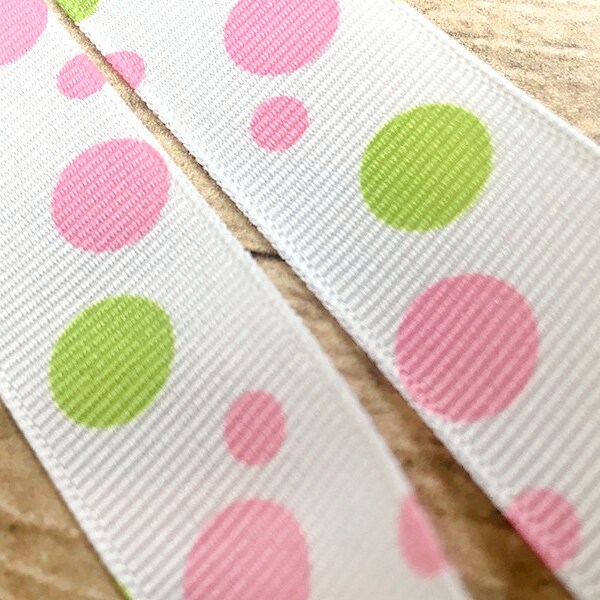 Pink & Green Polka Dot Grosgrain Ribbon - Baby Shower Craft Trim (.875" Wide)