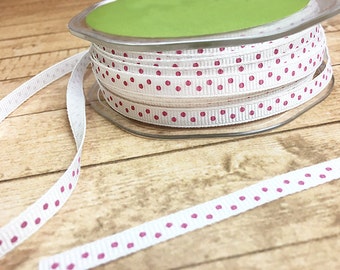Rose Dots on White Grosgrain Ribbon, Sew, Card Making, Baby Shower, Home Decor, Craft Project, Girl, Mauve, Dusty Rose, Love - .25" Wide