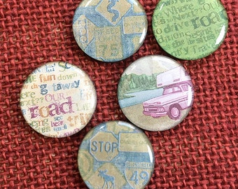 5 Faux Antique Travel Words & Icons Magnets, Vacation, Recycle, Road Trip, Typography, Office, Camper Trailer, Signs, Gift - 1" Dia