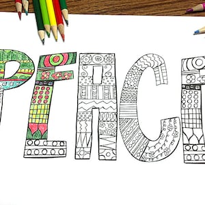 Könnte beinhalten: Eine Schwarz-Weiß-Malvorlage mit dem Wort "FRIEDEN" in großen, stilisierten Buchstaben. Jeder Buchstabe ist mit komplizierten Mustern gefüllt, die ausgemalt werden können.