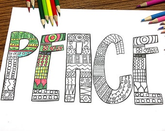 Peace Coloring Page for Adults: Hand-Drawn Word Art (PDF, JPG)