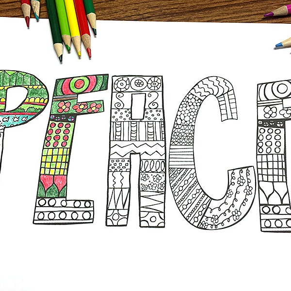 Coloring Page for Adults - Peace, Handdrawn Coloring Page, Word, Pattern, Relaxation - INSTANT DOWNLOAD - 1 pdf, 1 jpg