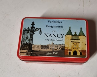 caja de galletas de metal de bergamota de Nancy viejo Alain Batt vintage