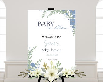 Baby in Bloom Baby Shower Welcome Sign Blue Baby Shower Welcome Sign Boy Baby Shower Sign Floral Welcome Poster