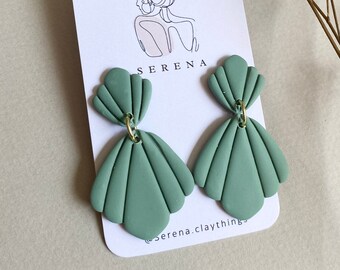 Handcrafted Hanging Stud Aqua Green Polymer Clay Shell Earrings: Elegant Statement Pieces, Lightweight and Stylish