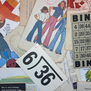 May include: A collage of vintage ephemera, including a sewing pattern, bingo card, and children's illustrations. The sewing pattern features a drawing of three girls in colorful pants. A card shows the math problem 6 divided by 36.