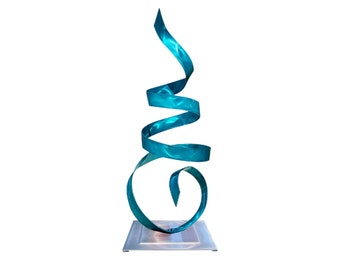 Abstract Metal Sculpture, Indoor Outdoor Art, Modern Centerpiece Gold Sculpture Statue 36" Tall - Aqua Sea Breeze Flat Base by Jon Allen