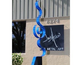 Modern Metal Sculpture, Abstract Indoor Outdoor Art, Contemporary Garden Decor Metal Yard Art - Looking Forward Blue by Jon Allen