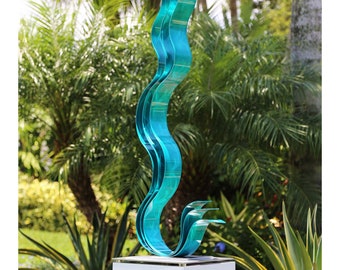 Metal Sculpture, Modern Centerpiece, Coffee Table Decor Indoor Outdoor Art, Garden Statue 41" Tall - Aqua Transitions Flat Base by Jon Allen