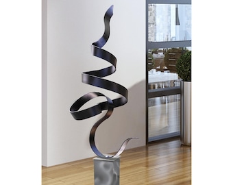 Abstract Metal Sculpture, Indoor Outdoor Minimalist Art, Modern Garden Statue Decor 48" - Black Perfect Moment Silver Base by Jon Allen