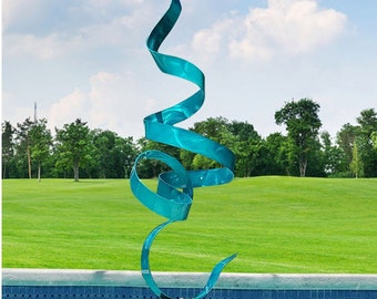 Large Garden Sculpture - Modern Metal Art Sculpture for Indoor / Outdoor Display 60" tall - Teal Perfect Moment by Jon Allen