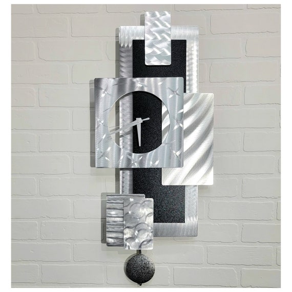 Metal Wall Clock Functional Art Silver & Black Modern Metal Art