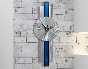 Wall Hanging Clock, Blue and Silver Wall Clock, 31" x 9" Size Indoor Wall Hanging, Infinite Orbit Clock Art by Jon Allen