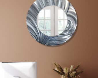 Metal Wave Mirror, Silver Wave Mirror Wall Decor, 21" Size Indoor Metal Mirror Wall Hanging, Contemporary Art by Jon Allen