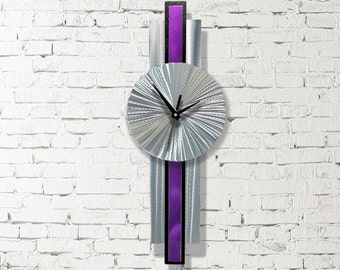 Decorative Clock, Silver & Purple Metal Wall Clock, 31" x 9" Size Indoor Wall Hanging, Infinite Orbit Clock Art by Jon Allen