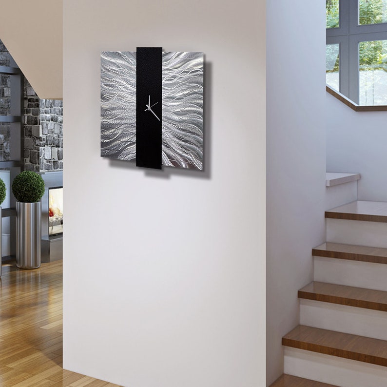 Silver & Black Modern Metal Wall Clock Contemporary Functional Etsy