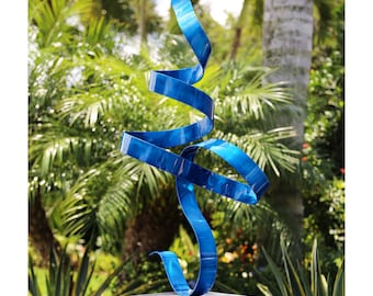 Metal Sculpture, Indoor Outdoor Art, Modern Centerpiece Coffee Table Decor Garden Statue 36" H- Blue Perfect Moment Flat Base by Jon Allen