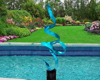 Large Metal Sculpture, Indoor Outdoor Art, Modern Abstract Garden Decor Yard Art Statue - Teal Perfect Moment by Jon Allen