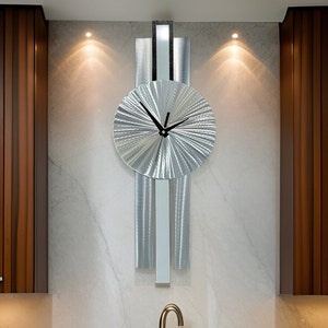 Metal Wall Clock, Silver & Grey Wall Clock, 31" x 9" Size Indoor Wall Hanging, Infinite Orbit Clock by Jon Allen