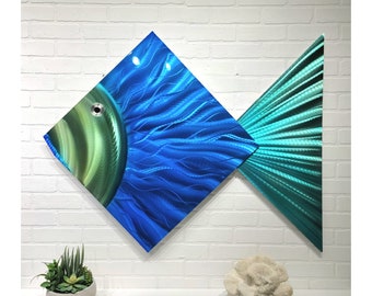 Tropical Metal Wall Art Fish, Modern Metal Painting, Large Artwork, Abstract Wall Hanging Beach Decor  - Big Blue Fish by Jon Allen