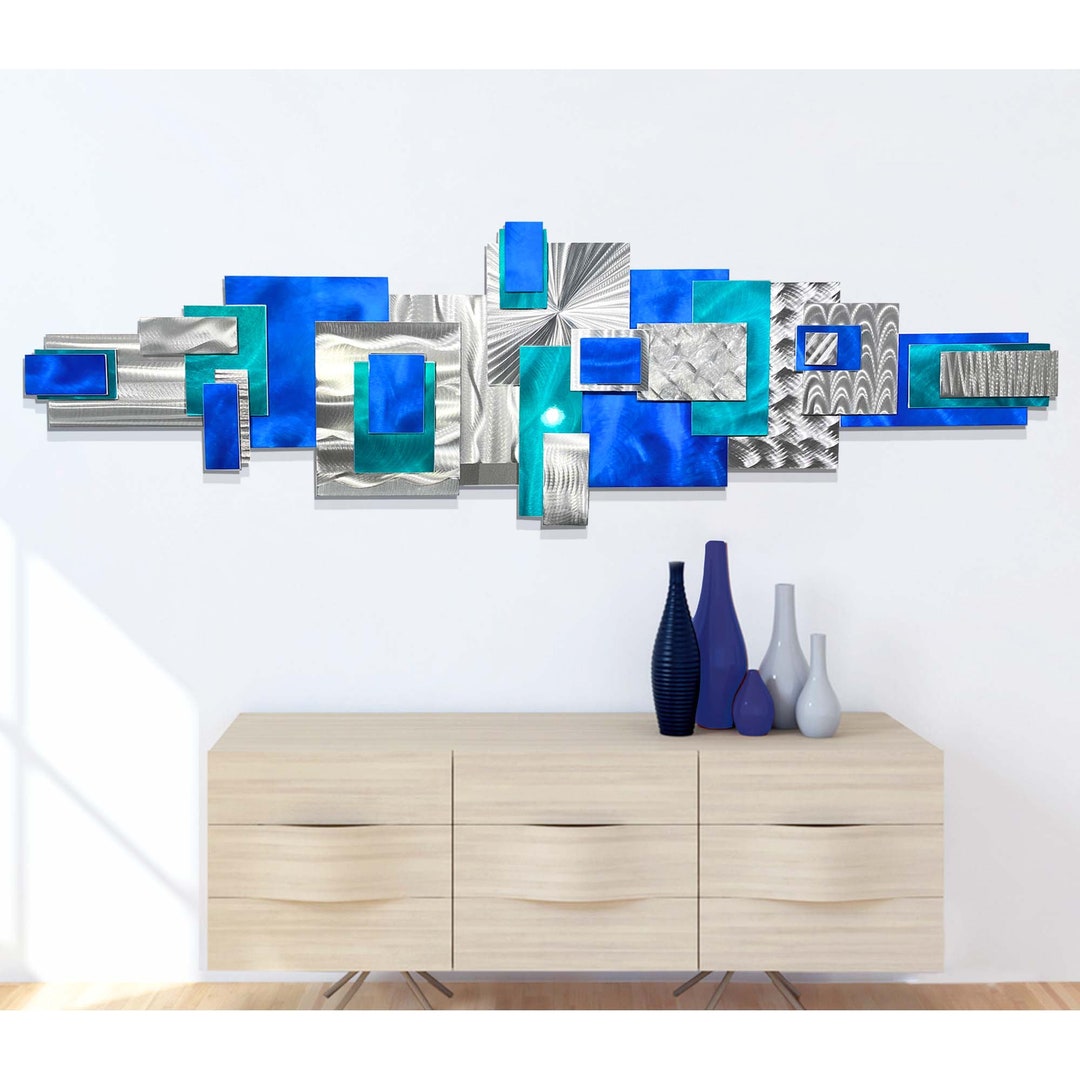 Blue & Silver Metal Wall Art Large Geometric Art Abstract 3D Etsy