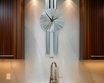 Metal Wall Clock, Silver & Grey Wall Clock, 31" x 9" Size Indoor Wall Hanging, Infinite Orbit Clock by Jon Allen