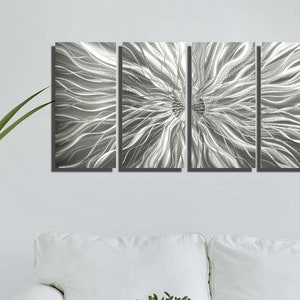 Metal Wall Art, Minimalist Abstract Wall Sculpture, Indoor Outdoor Art, Modern Metallic Silver Wall Hanging Decor Static by Jon Allen 4 Panels