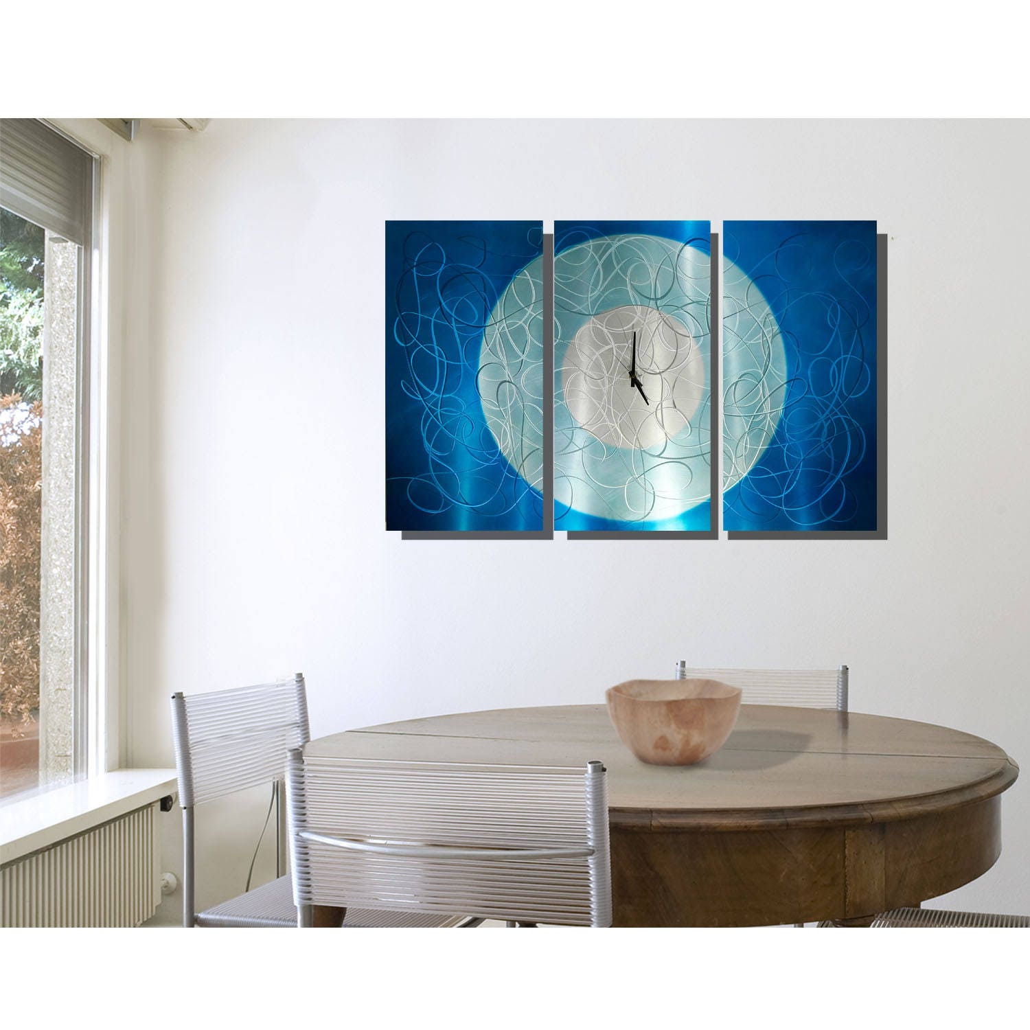 Blue & Silver Modern Metal Wall Clock Etched Design 3 Piece Etsy