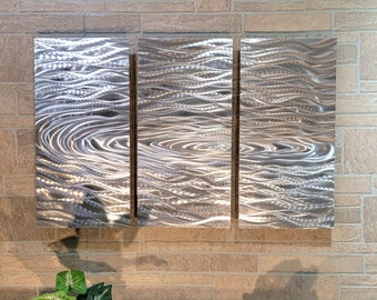 Silver Triptych Metal Wall Art, Indoor Outdoor Art, Office Decor 3 Piece Wall Sculpture Hanging  - Ripple Effect by Jon Allen