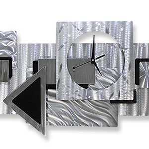 Metal Wall Clock Functional Art Silver & Black Modern Metal Art Hanging Timepiece Dynamic Notions 2 by Jon Allen image 1