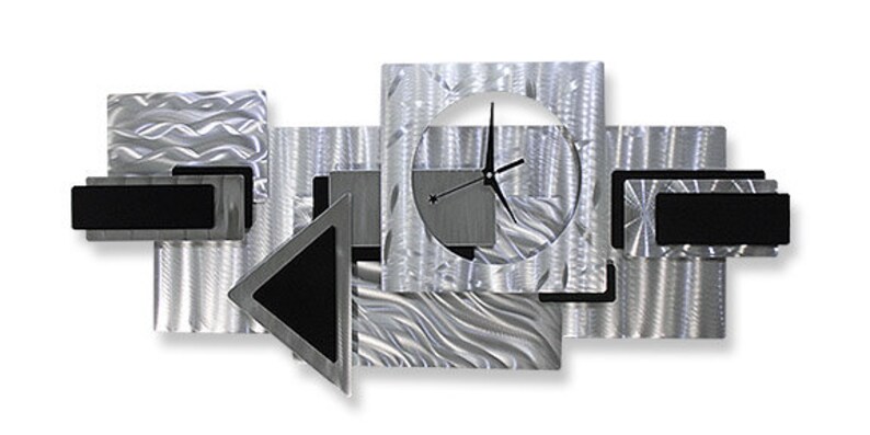 Metal Wall Clock Functional Art Silver & Black Modern Metal Art Hanging Timepiece Dynamic Notions 2 by Jon Allen image 1