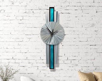 Modern Wall Clock, Silver and Aqua Metal Wall Clock, 31" x 9" Size Indoor Wall Hanging, Infinite Orbit Clock by Jon Allen