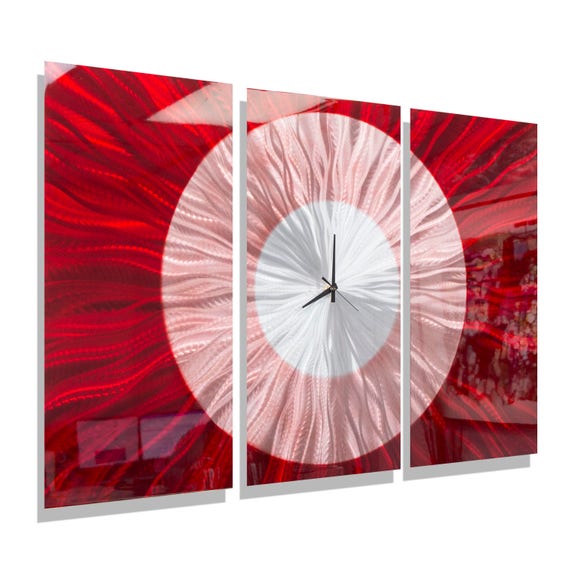 Large Red Metal Wall Clock Abstract Functional Art Modern Metal