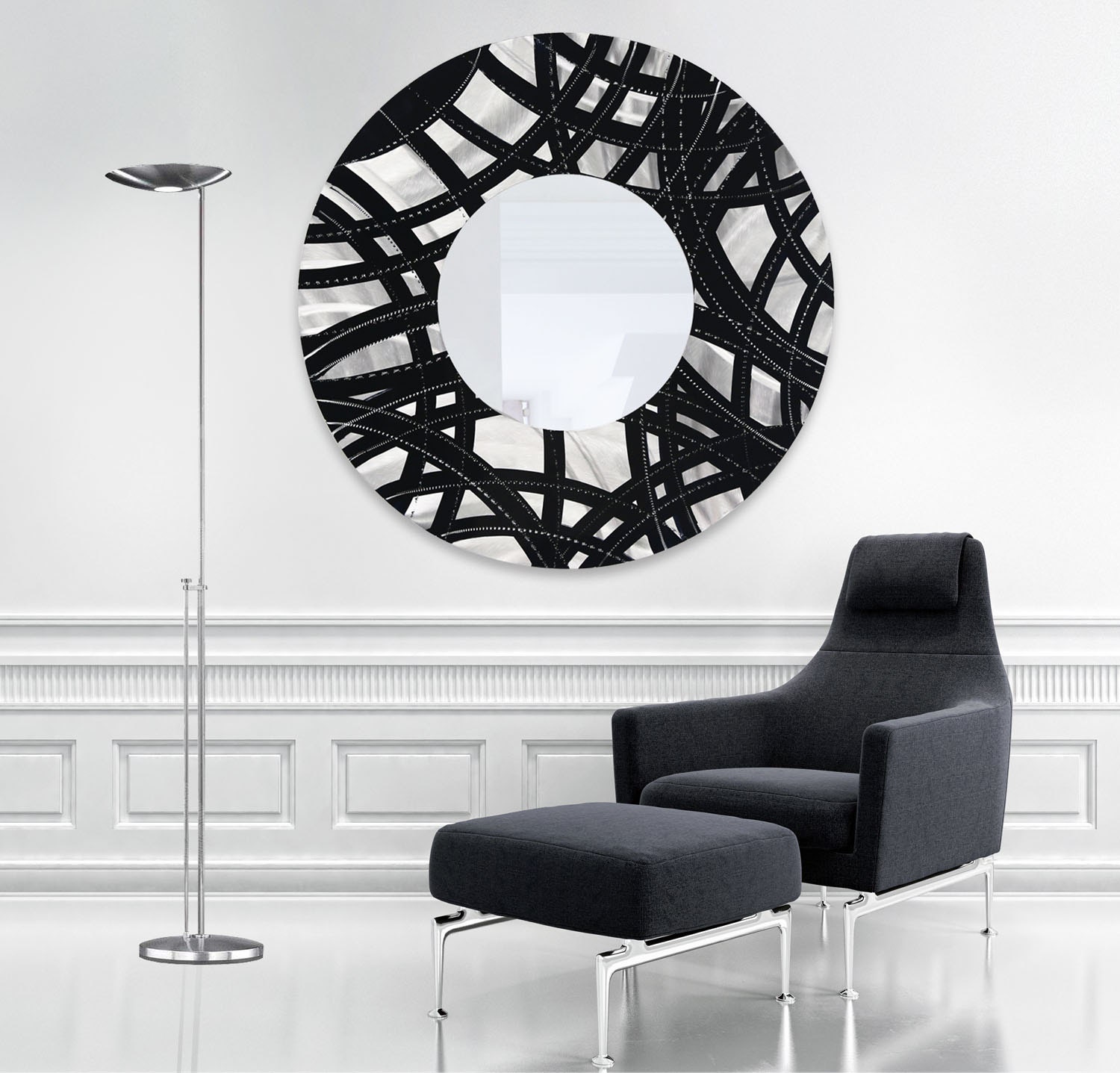 Huge Silver & Black Modern Metal Wall Mirror Abstract Round Etsy