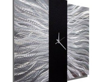 Silver & Black Modern Metal Wall Clock Contemporary Functional Art, Etched Timepiece - Elegant Mechanism by Jon Allen