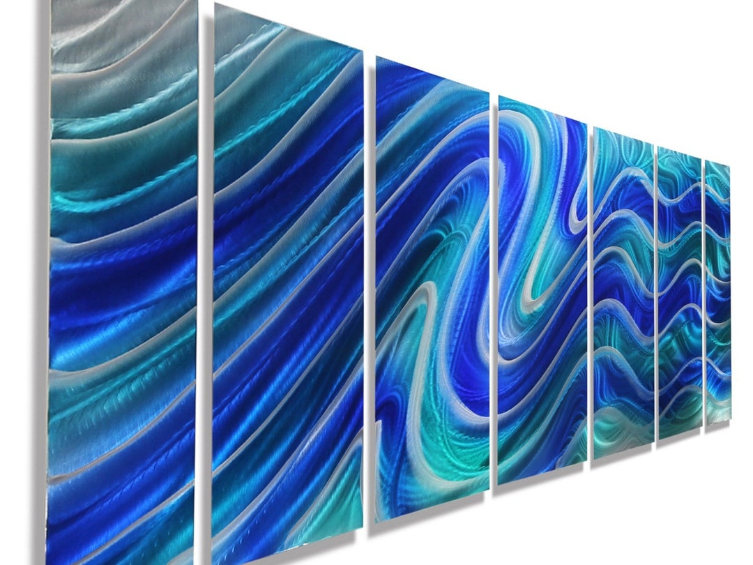 Large Blue Aqua & Silver Abstract Painting Modern Metal Wall Etsy