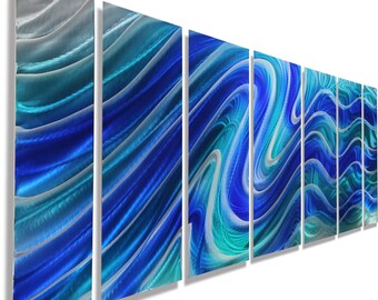 Large Blue, Aqua & Silver Abstract Painting, Modern Metal Wall Art, Office Decor - Serenity Pool by Jon Allen