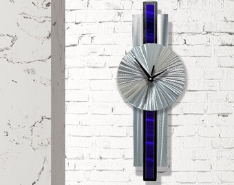 Unique Metal Wall Clock, Silver and Royal Blue Wall Clock, 31" x 9" Size Indoor Wall Hanging, Infinite Orbit Clock by Jon Allen