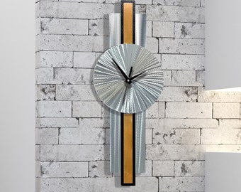 Metal Wall Clock, Silver and Orange Wall Clock, 31" x 9" Size Indoor Wall Hanging, Infinite Orbit Clock by Jon Allen