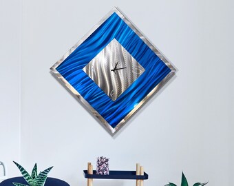 Silver Modern Metal Wall Clock - Contemporary Functional Art - Home Decor - Hanging Timepiece - Clock Accent - Blue Ice Clock by Jon Allen